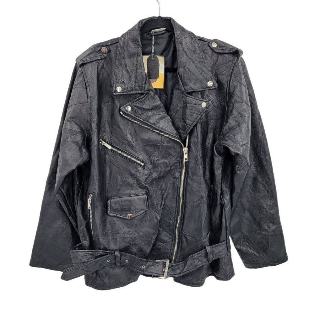 Vintage 90's Flight Path Leather Jacket‎ Deadstock Moto Biker Patchwork Black XL